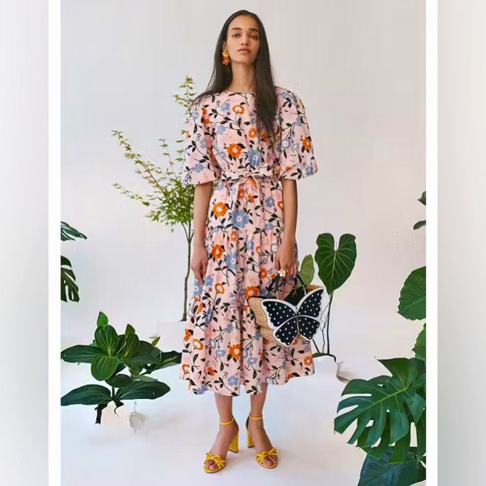 kate spade Pink Floral Midi Dress with Orange and Blue Accents